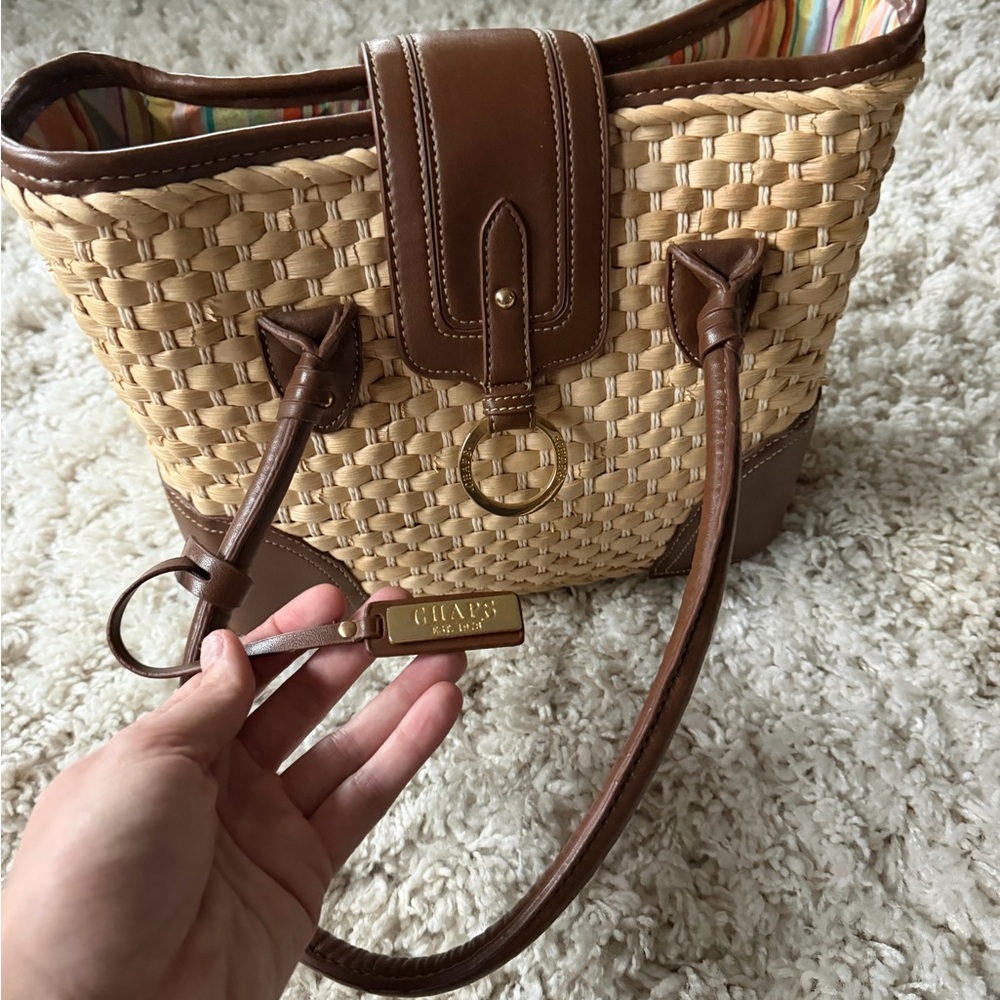 Chaps Woven Tote with Brown Designer Buckle Cute Beautiful Bag with Accents